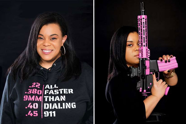 A woman wearing a black hoodie with firearm calibers and a slogan on it; in a second image, she holds a pink and black rifle vertically.