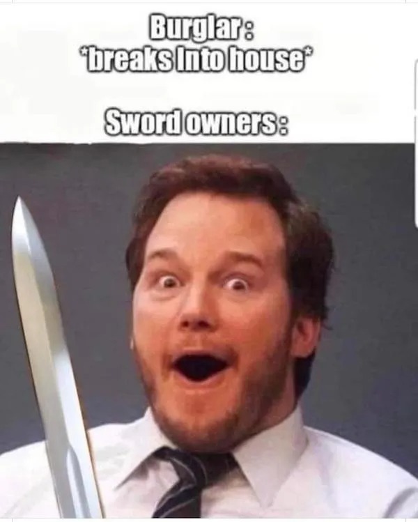 A surprised man holds a sword with an excited expression; meme text above reads, "Burglar: *breaks into house* Sword owners:".
