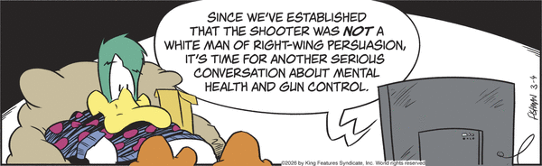 A duck character lounges on a couch watching TV, saying it's time to discuss mental health and gun control since the shooter was not a white right-wing man.