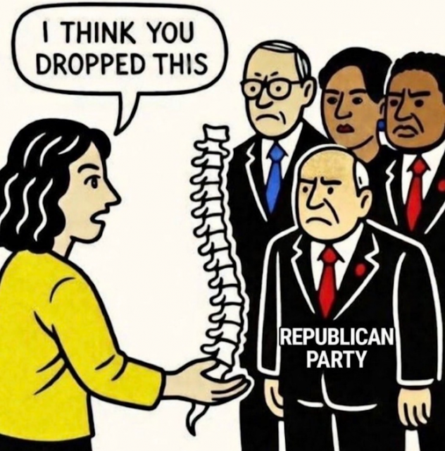 Cartoon of a woman handing a spine to four suited people labeled "REPUBLICAN PARTY," with a speech bubble saying "I THINK YOU DROPPED THIS.