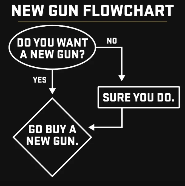 A flowchart labeled "New Gun Flowchart" shows both "yes" and "no" responses to wanting a new gun leading to "Go buy a new gun.
