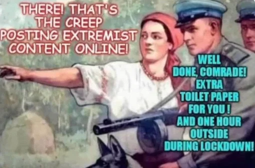 A woman points ahead while talking to a uniformed officer with a dog. Text accuses someone of posting extremist content and sarcastically rewards following lockdown rules.