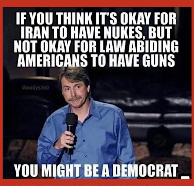 A man stands on stage with a microphone; the text above him criticizes Democrats by comparing nuclear weapons in Iran to gun rights in America.