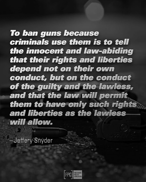 White text quote about gun rights and law-abiding citizens is overlaid on a black and white image of a handgun lying on a table. The quote is attributed to Jeffery Snyder.