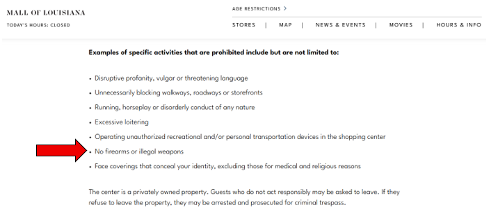 A list of prohibited activities at Mall of Louisiana, with a red arrow highlighting "No firearms or illegal weapons.