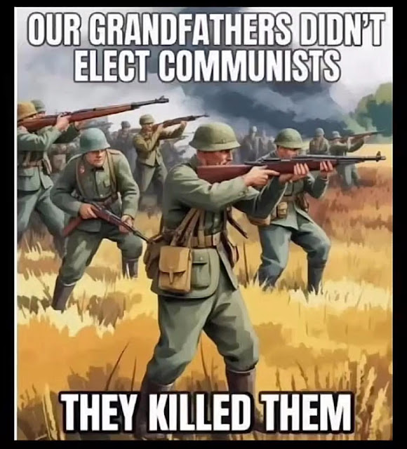 A group of soldiers aiming rifles in a battlefield; overlaid text reads, "Our grandfathers didn't elect communists, they killed them.