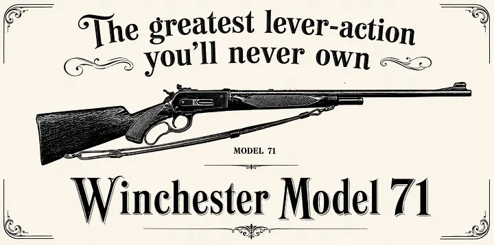 Illustration of a Winchester Model 71 lever-action rifle with the text: “The greatest lever-action you’ll never own. Winchester Model 71.”.
