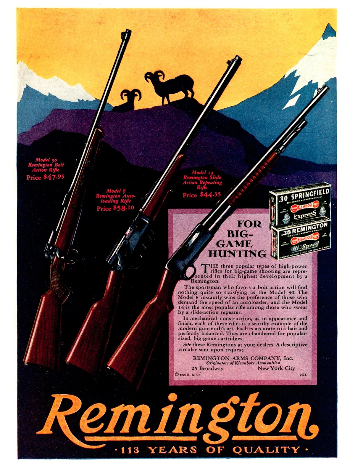 Vintage Remington ad featuring three hunting rifles in front of a mountain landscape with two rams, ammo boxes, and pricing details for each rifle model.