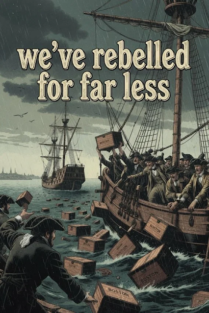 Colonial men throw crates labeled “Boston Tea” into the sea from ships in a stormy harbor; text reads, “we’ve rebelled for far less.”.