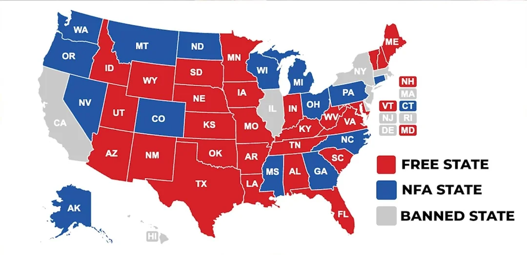 Map of the US showing states in red as Free States, blue as NFA States, and gray as Banned States.