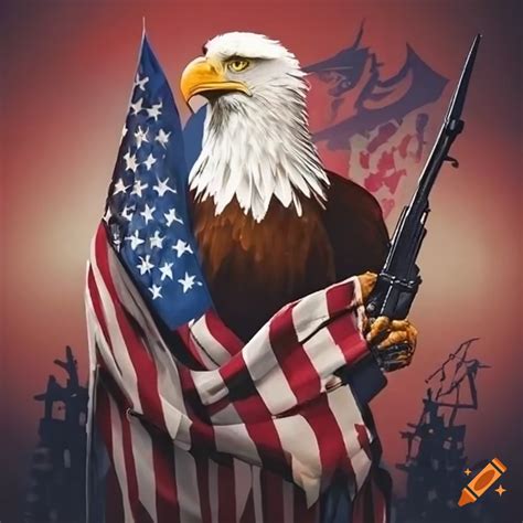A bald eagle draped in an American flag holds a rifle, with a war-torn background and a stylized eagle shadow above.